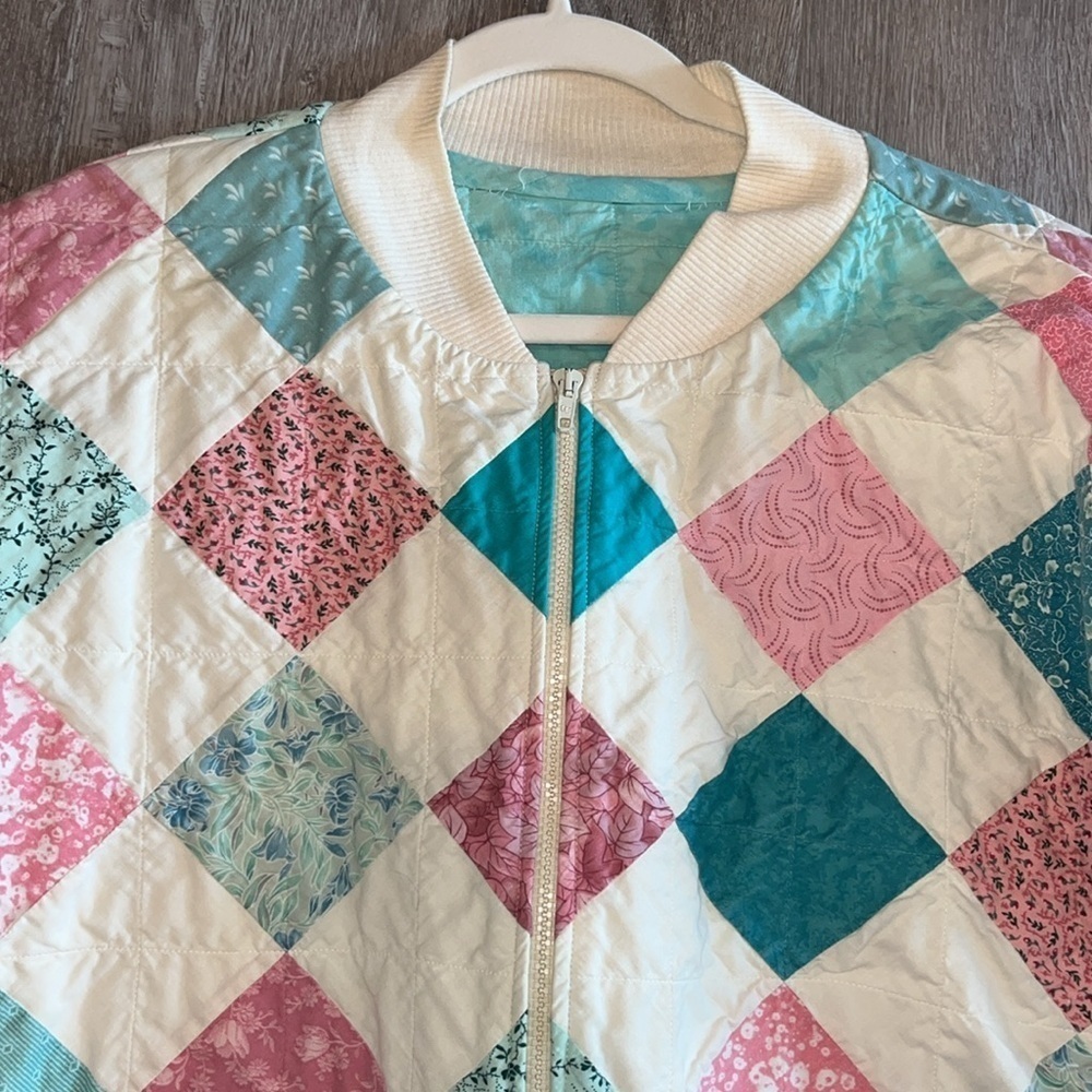 Vintage boho folk grandma quilt square pink teal patchwork zip jacket XL XXL - Picture 7 of 14